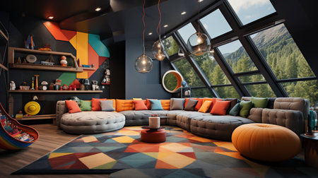 A beautiful Interior design of a colorful kindergarten, educational playroom, kid learning space, nursery, copy space, AI Generativeの素材