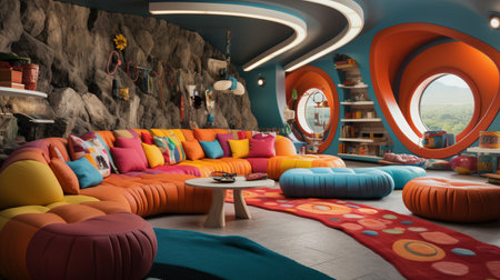 A beautiful Interior design of a colorful kindergarten, educational playroom, kid learning space, nursery, copy space, AI Generativeの素材