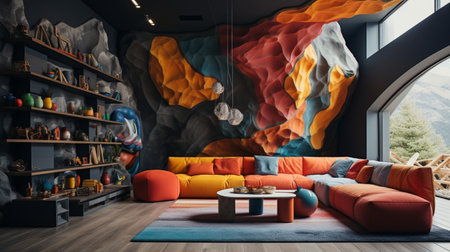 A beautiful Interior design of a colorful kindergarten, educational playroom, kid learning space, nursery, copy space, AI Generativeの素材