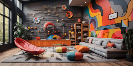 A beautiful Interior design of a colorful kindergarten, educational playroom, kid learning space, nursery, copy space, AI Generativeの素材
