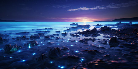 Fantasy seascape, Night view of the ocean, glowing sea, Beautifully starry night sky, dreamy atmosphere, marine life, AI Generativeの素材