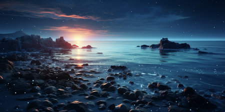 Fantasy seascape, Night view of the ocean, glowing sea, Beautifully starry night sky, dreamy atmosphere, marine life, AI Generativeの素材