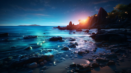 Fantasy seascape, Night view of the ocean, glowing sea, Beautifully starry night sky, dreamy atmosphere, marine life, AI Generativeの素材