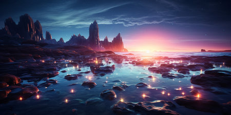 Fantasy seascape, Night view of the ocean, glowing sea, Beautifully starry night sky, dreamy atmosphere, marine life, AI Generativeの素材