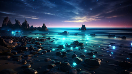 Fantasy seascape, Night view of the ocean, glowing sea, Beautifully starry night sky, dreamy atmosphere, marine life, AI Generativeの素材