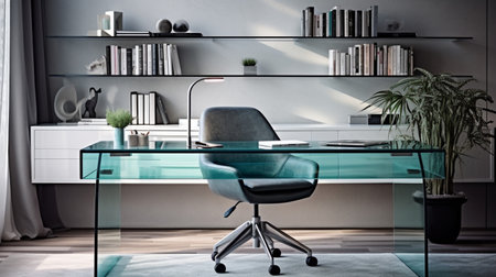 Contemporary furnished home office, comfortable office, workspace with desk and chair, stylish interior design, modern house design concept, AI Generativeの素材