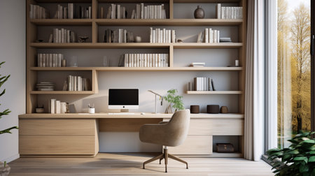 Contemporary furnished home office, comfortable office, workspace with desk and chair, stylish interior design, modern house design concept, AI Generativeの素材