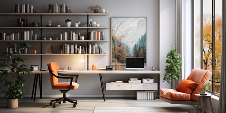 Contemporary furnished home office, comfortable office, workspace with desk and chair, stylish interior design, modern house design concept, AI Generativeの素材