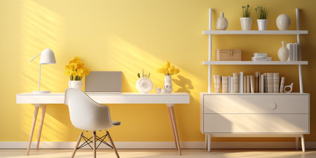Contemporary furnished home office, comfortable office, workspace with desk and chair, stylish interior design, modern house design concept, AI Generativeの素材