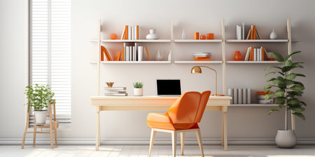 Contemporary furnished home office, comfortable office, workspace with desk and chair, stylish interior design, modern house design concept, AI Generativeの素材