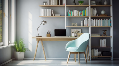 Contemporary furnished home office, comfortable office, workspace with desk and chair, stylish interior design, modern house design concept, AI Generativeの素材