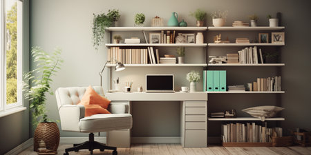 Contemporary furnished home office, comfortable office, workspace with desk and chair, stylish interior design, modern house design concept, AI Generativeの素材