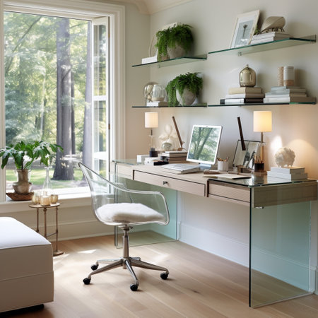 Contemporary furnished home office, comfortable office, workspace with desk and chair, stylish interior design, modern house design concept, AI Generativeの素材