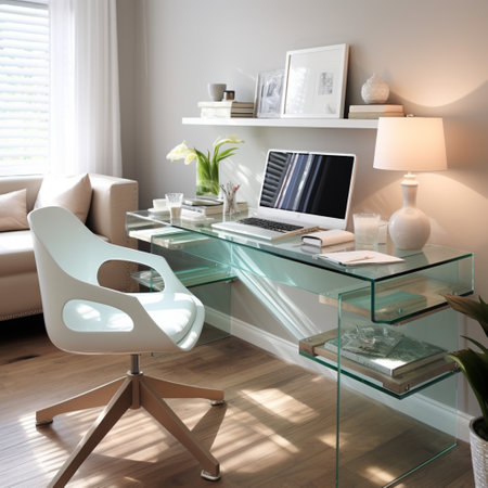 Contemporary furnished home office, comfortable office, workspace with desk and chair, stylish interior design, modern house design concept, AI Generativeの素材