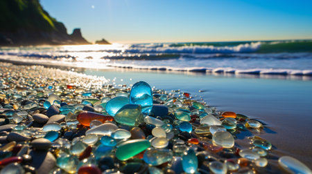 Beautiful Glass Beach, colorful pebbles, Fantasy seascape, dreamy atmosphere, copy space, AI Generativeの素材