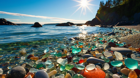Beautiful Glass Beach, colorful pebbles, Fantasy seascape, dreamy atmosphere, copy space, AI Generativeの素材