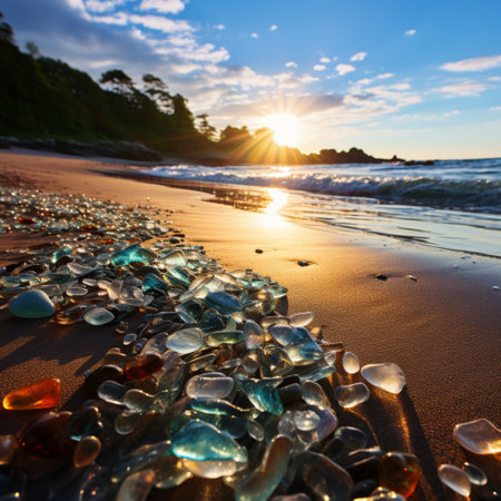 Beautiful Glass Beach, colorful pebbles, Fantasy seascape, dreamy atmosphere, copy space, AI Generativeの素材