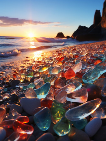 Beautiful Glass Beach, colorful pebbles, Fantasy seascape, dreamy atmosphere, copy space, AI Generativeの素材