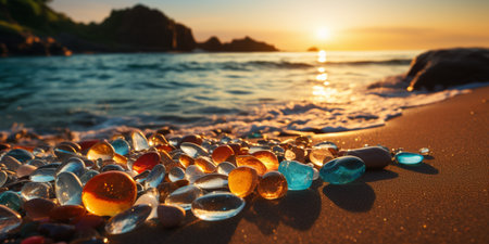 Beautiful Glass Beach, colorful pebbles, Fantasy seascape, dreamy atmosphere, copy space, AI Generativeの素材