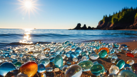 Beautiful Glass Beach, colorful pebbles, Fantasy seascape, dreamy atmosphere, copy space, AI Generativeの素材