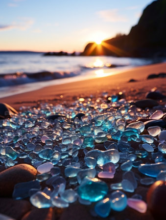 Beautiful Glass Beach, colorful pebbles, Fantasy seascape, dreamy atmosphere, copy space, AI Generativeの素材