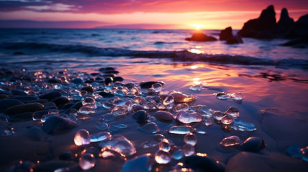 Beautiful Glass Beach, colorful pebbles, Fantasy seascape, dreamy atmosphere, copy space, AI Generativeの素材