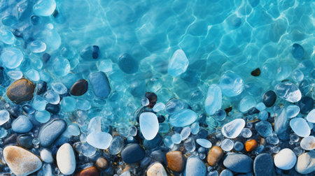 Beautiful Glass Beach, colorful pebbles, Fantasy seascape, dreamy atmosphere, copy space, AI Generativeの素材