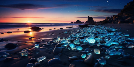 Beautiful Glass Beach, colorful pebbles, Fantasy seascape, dreamy atmosphere, copy space, AI Generativeの素材