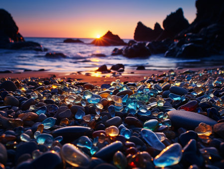 Beautiful Glass Beach, colorful pebbles, Fantasy seascape, dreamy atmosphere, copy space, AI Generativeの素材