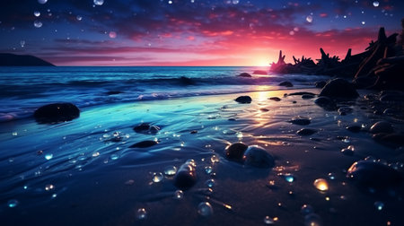 Beautiful Glass Beach, colorful pebbles, Fantasy seascape, dreamy atmosphere, copy space, AI Generativeの素材