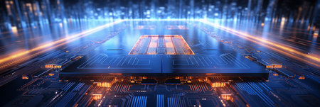 High-tech Computer chip close up shot, production of electronic, circuit board, futuristic design, extreme detail, AI Generativeの素材