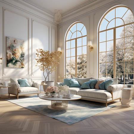 Interior Design Luxurious modern Living room, minimal tall window, Cozy sofa, serene nature scenery, Elegant villa, AI Generativeの素材