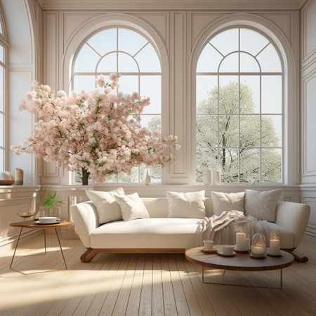 Interior Design Luxurious modern Living room, minimal tall window, Cozy sofa, serene nature scenery, Elegant villa, AI Generativeの素材