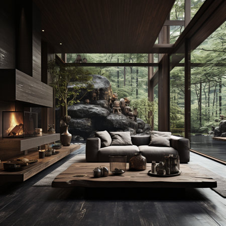 Interior Design, Living room with serene nature view, Beautiful mansion design in the forest, AI Generativeの素材