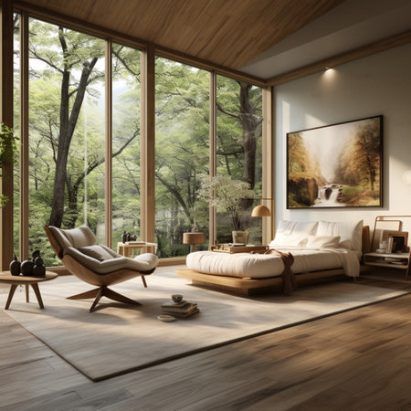 Interior Design, Minimalistic Living room with serene nature view, Beautiful villa design in the forest, AI Generativeの素材