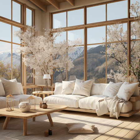 Interior Design, Minimalistic Living room with serene nature view, Beautiful villa design in the forest, AI Generativeの素材