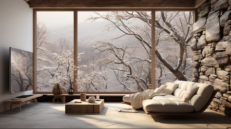 Interior Design, Minimalistic Living room with serene nature view, Beautiful villa design in the forest, AI Generativeの素材