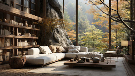 Interior Design, Minimalistic Living room with serene nature view, Beautiful villa design in the forest, AI Generativeの素材