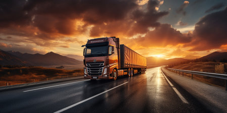 Trucks driving on highway, rural landscape, dramatic sunset, transportation on road, AI Generativeの素材
