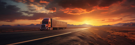 Trucks driving on highway, rural landscape, dramatic sunset, transportation on road, AI Generativeの素材