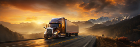 Trucks driving on highway, rural landscape, dramatic sunset, transportation on road, AI Generativeの素材