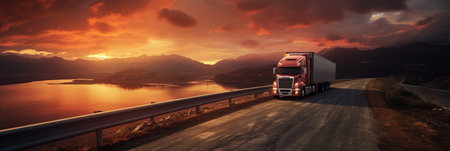 Trucks driving on highway, rural landscape, dramatic sunset, transportation on road, AI Generativeの素材