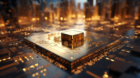 High-tech Computer chip close up shot, production of electronic, circuit board, futuristic design, extreme detail, AI Generativeの素材