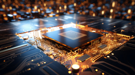 High-tech Computer chip close up shot, production of electronic, circuit board, futuristic design, extreme detail, AI Generativeの素材