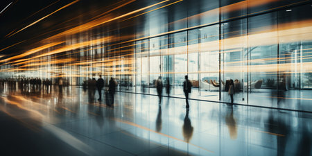 Business People walking in modern futuristic lobby, Blurred motion, AI Generativeの素材