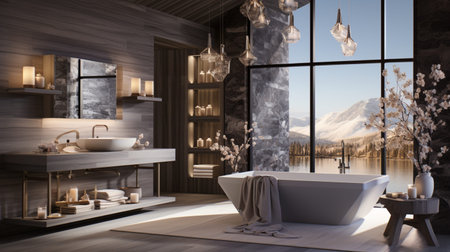 Interior Design of Elegant Spacious Bathroom, Luxury bathtub, Romantic Atmosphere, AI Generativeの素材