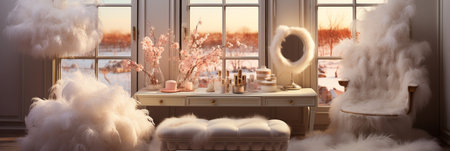 A Glamorous dressing room for a fashionista with a vanity table, glass window, feminine and luxurious space, Designer Delights, AI Generativeの素材