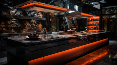 Interior design Luxury spacious home kitchen, build in counter bar, AI Generativeの素材