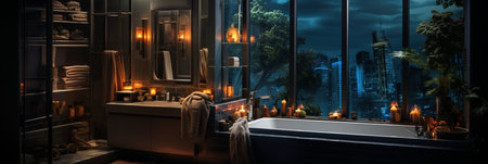 Interior Design of Elegant Bathroom, Luxury bathtub, Romantic Atmosphere, AI Generativeの素材