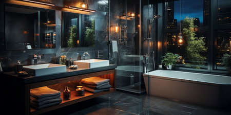 Interior Design of Elegant Bathroom, Luxury bathtub, Romantic Atmosphere, AI Generativeの素材